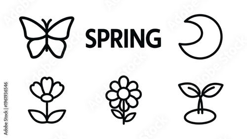 Spring Vector Icon Sheet Featuring Butterfly, Flowers, and Seedlings