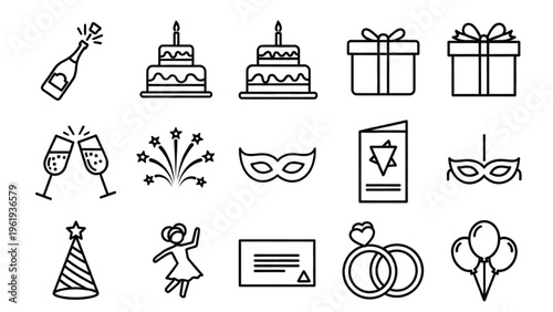 Vector icon sheet of birthday celebration elements and party decorations