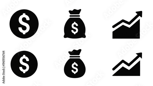 Vector icon sheet depicts finance symbols with money and growth charts
