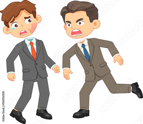 Two businessmen in suits arguing, one looking upset with a handprint on his face