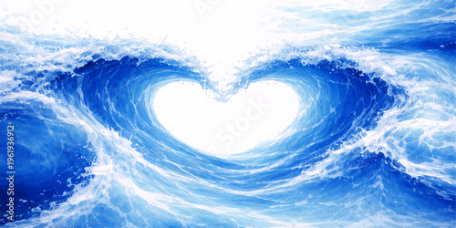 Abstract blue water background featuring swirling waves and soft clouds under a bright summer sky creates a serene nature texture with light ocean colors