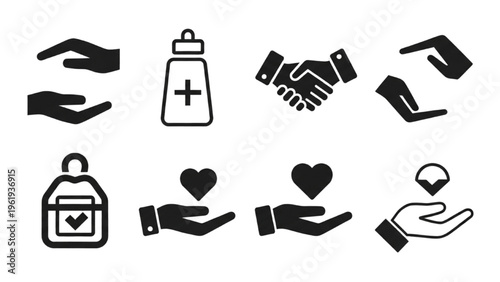 Vector icon sheet depicts hands giving receiving aid and support