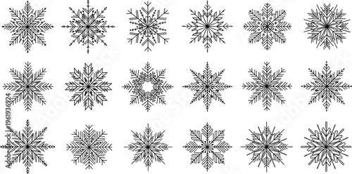 Snowflake collection illustration, geometric winter pattern, seasonal symmetry design, icy crystal art concept, decorative holiday symbol, cold weather graphic, flat vector illustration