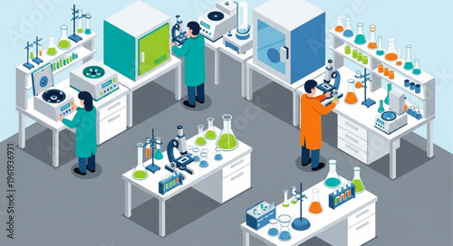 Isometric Laboratory Illustration - Scientists Conducting Experiments and Research.