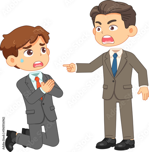 Angry boss scolding and pointing finger at employee begging on knees