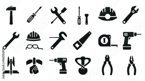 Vector Icon Sheet of Various Construction Tools and Equipment