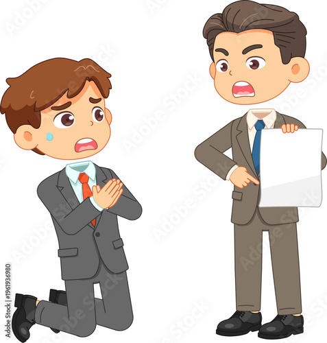 Boss scolding employee who is begging for forgiveness on his knees