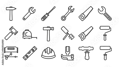 Vector icon sheet of various tools for construction and industry work