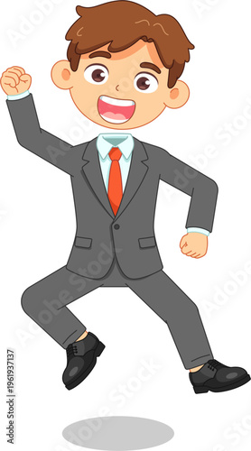Excited businessman in a suit jumping for joy with a fist pump