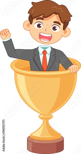 Cartoon businessman celebrating success inside a golden trophy cup