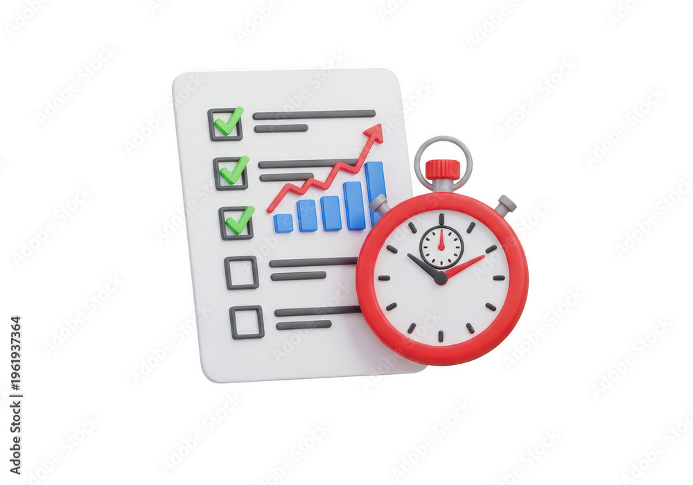 Fototapeta premium Productivity timer and checklist with graph isolated on transparent background