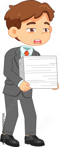 Tired businessman carrying a large stack of documents with a stressed expression