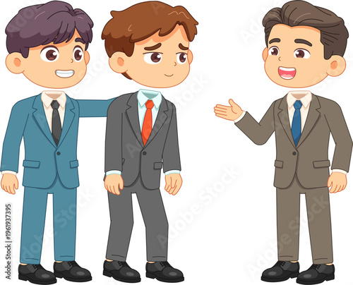 Three businessmen in suits collaborating and discussing ideas in a friendly manner