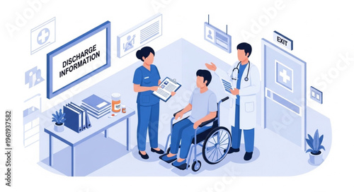 Hospital Discharge - Doctor and Nurse Assisting Patient in Wheelchair.