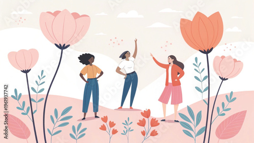Minimal flat illustration showing diverse women celebrating femininity with flowers background