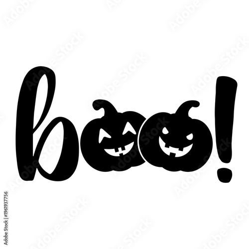 A black and white vector graphic illustration of a Halloween-themed 'boo' design with pumpkins