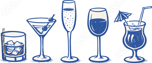 Elegant collection of beverage glasses in line art and silhouette styl
