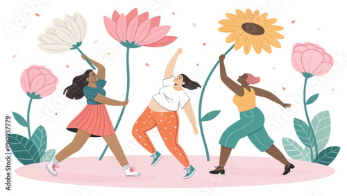 Minimal flat illustration showing diverse women celebrating femininity with flowers background