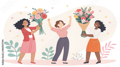 Minimal flat illustration showing diverse women celebrating femininity with flowers background