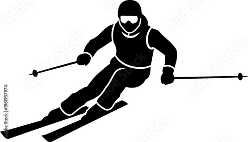 Silhouette of a skier racing downhill with ski poles, wearing helmet and goggles, representing winter sports, skiing, and outdoor recreation. dynamic action graphic