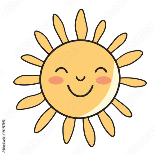 A cheerful cartoon sun with a smiling face and rosy cheeks on a white background