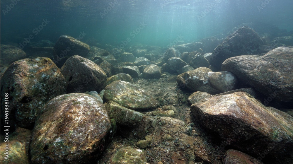 Obraz premium Underwater scene with large rocks showcasing a serene aquatic environment in clear water during daylight hours