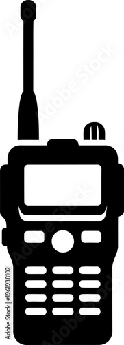 Walkie talkie icon graphic, silhouette of a portable two-way radio transceiver, representing communication, security, and field work, simple vector illustration