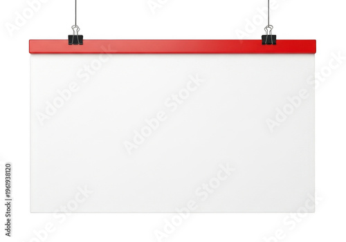 Blank white poster board with red header and clips isolated on transparent background
