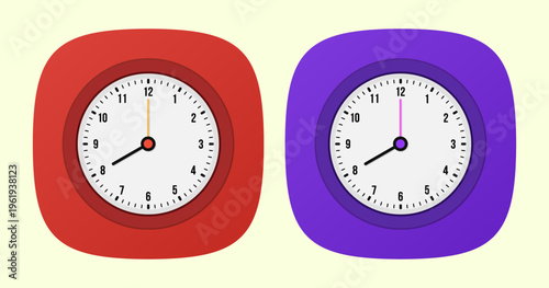 Red and Purple Minimalist Clocks. Vector clock app icons