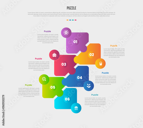 Puzzle or jigsaw base shape infographics gradient template diagram with creative triangle arrow box up and down on skew formation with 6 point step creative