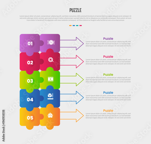 Puzzle or jigsaw base shape infographics gradient template diagram with round square with outline arrow combination on vertical stacked list with 5 point step creative