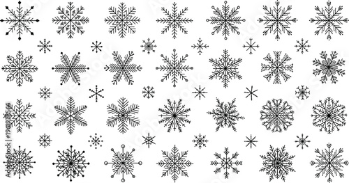 Snowflake grid illustration, 40 unique designs, winter decorative artwork, geometric crystal patterns, seasonal vector art, symmetry drawing, flat vector illustration