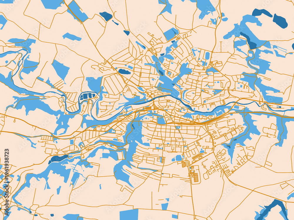 Fototapeta premium City map of Trebic, Czechia — soft ivory map base with ochre-gold streets and clear blue water shapes for crisp contrast