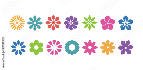 A collection of cheerful, floral, spring flower icons, colorful, vibrant blossoms, and diverse
stylized  Nature-Inspired Playful Patterns arranged on a clean white background