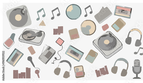 Hand Drawn Retro Music Doodle Collection with Turntable Cassette Player and Audio Equipment Vector Set