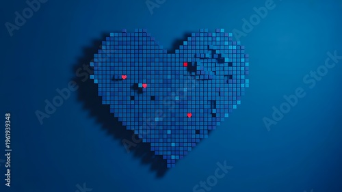 Blue heart shape made of small cubes on background representing love digital connection and abstract technology concept
