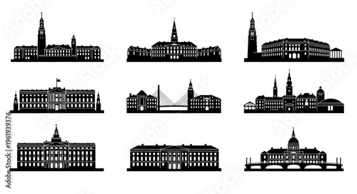 Collection of Black and White Silhouettes of Famous European Buildings and Landmarks