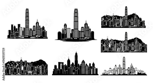 Collection of Hong Kong Skyline Silhouettes - Modern Cityscape Vector Art