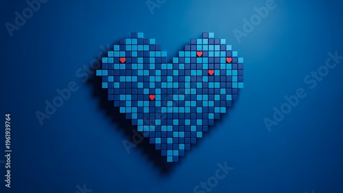 Blue heart shape made of small cubes on background representing love digital connection and abstract technology concept
