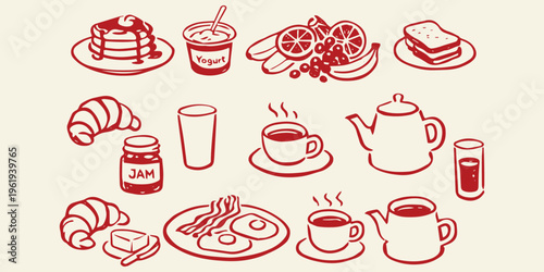 Breakfast Food Vector Set – Hand Drawn Morning Meal Icons with Pancakes Coffee and Eggs