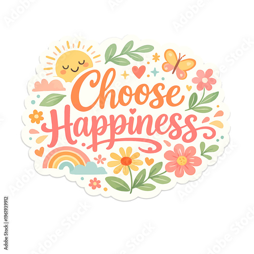 Playful Motivational Sticker Featuring Slogan “Live Your Best Life” or “Choose Happiness” in Handwritten Font | Light Pastel or Warm Color Palette with Soft Organic Elements like Flowers, Leaves, 