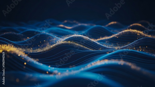 Abstract flowing light waves with blue and golden lines on dark background representing energy motion and digital technology concept