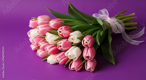 Bouquet of pink and white tulips tied with ribbon on purple background for spring