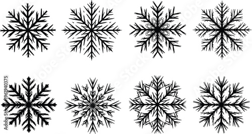 Snowflake illustration set, black design, winter decoration, geometric symmetry, ice crystal artwork, seasonal graphic, decorative pattern vector, flat vector illustration
