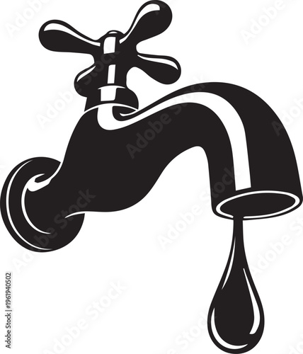 A black and white illustration of a dripping faucet