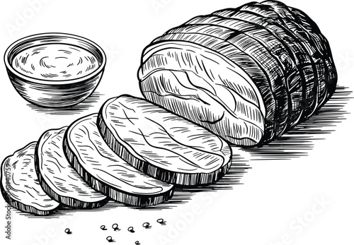 Roast beef vector sketch with sliced meat and gravy bowl isolated for restaurant menu design