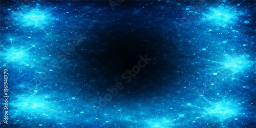 A deep blue abstract space background features a bright starry nebula and glowing cosmos light across a dark outer universe galaxy illustration