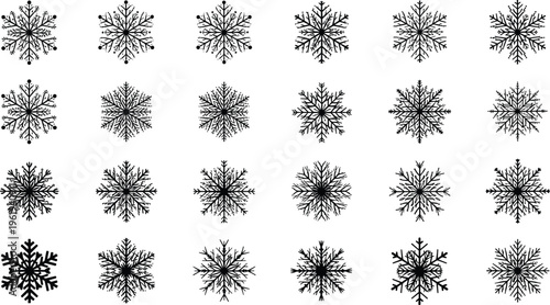 Snowflake silhouette illustration set, diverse icons including bold, delicate and geometric forms representing winter theme - flat vector illustration