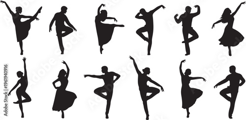 Silhouettes of dancers in various poses and movements