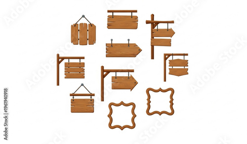Wooden signboard icon collection with rustic planks arrow signs and wood frames vector